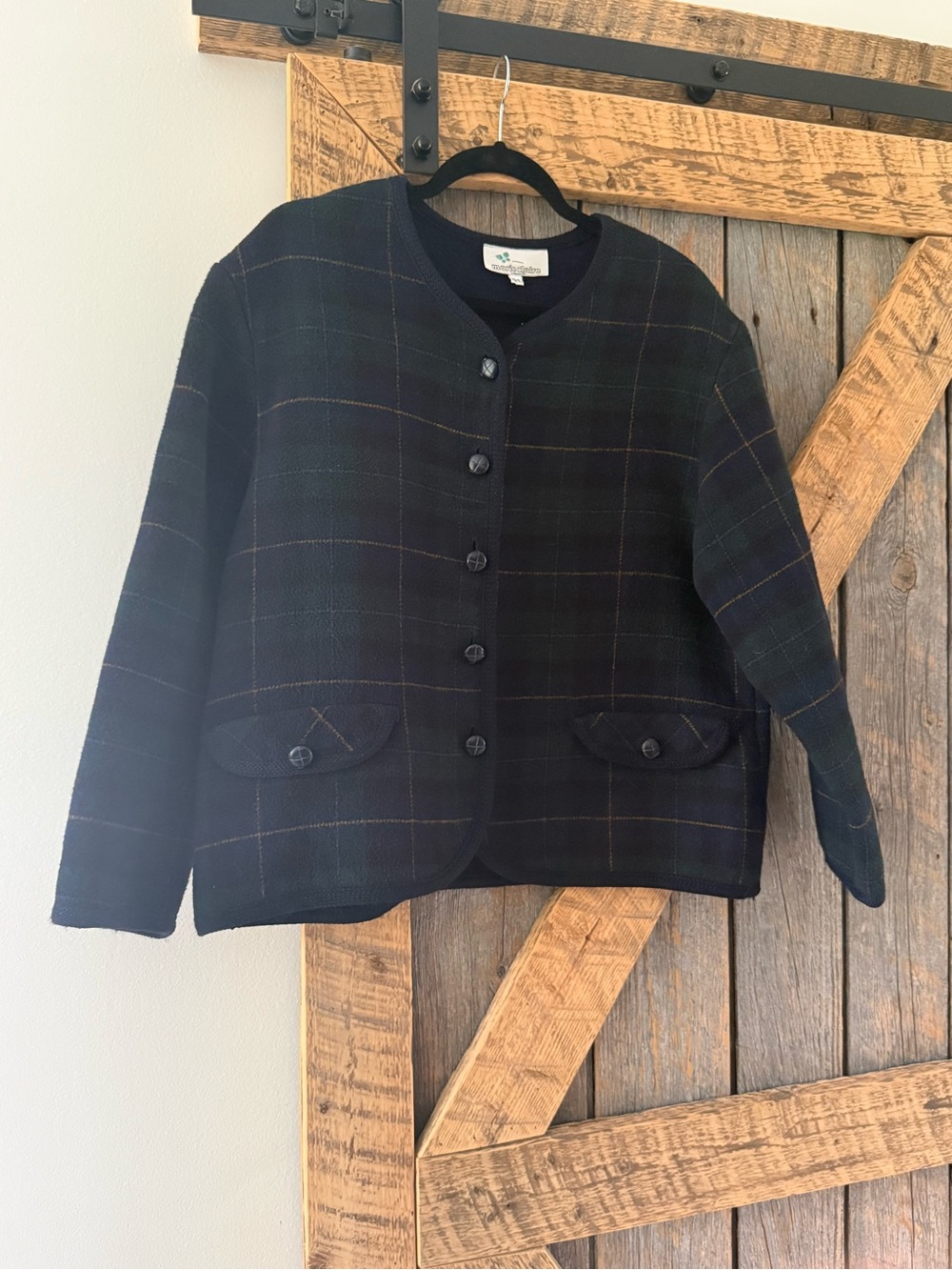 Vintage Marie Claire Green and Blue Plaid Collarless Jacket - Size L